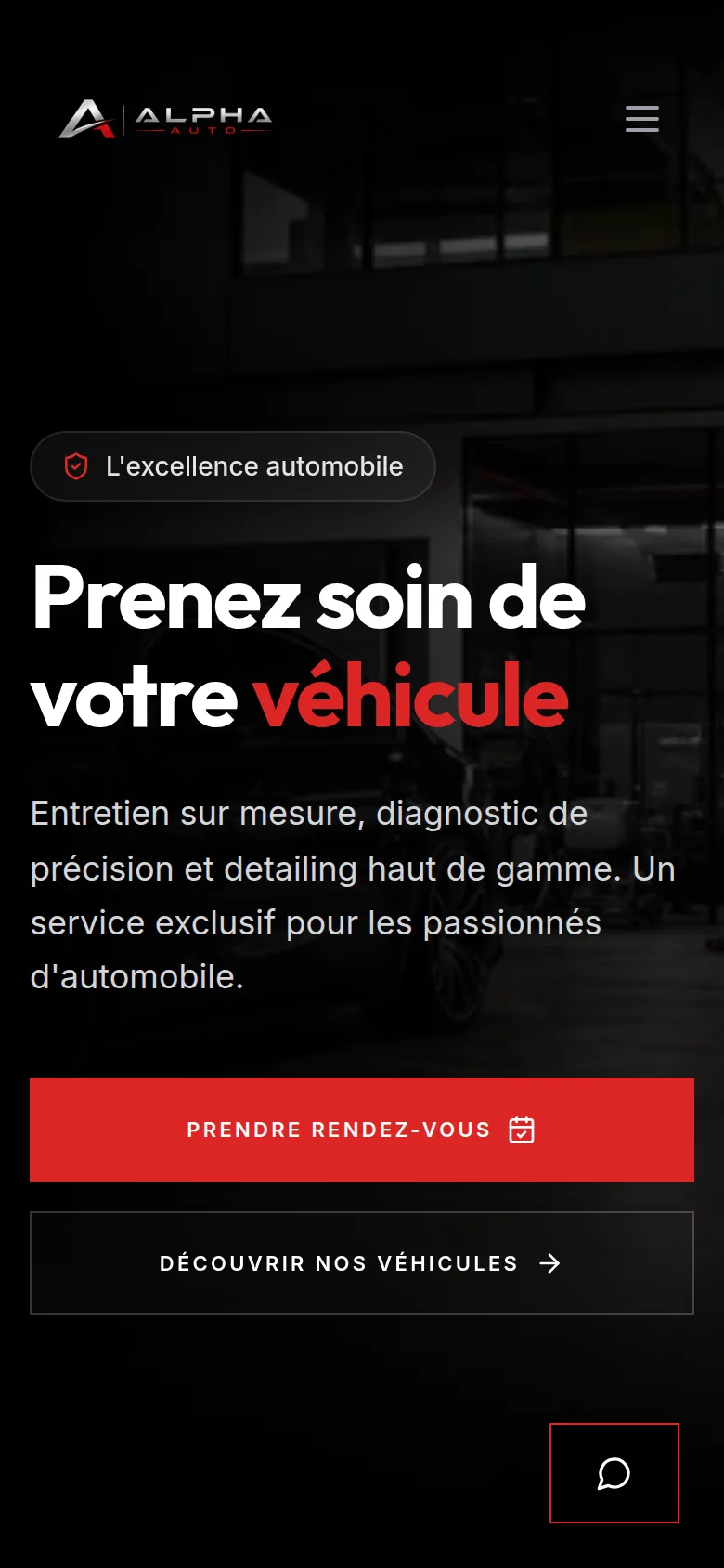 Site Alpha Auto sur téléphone : page d'accueil