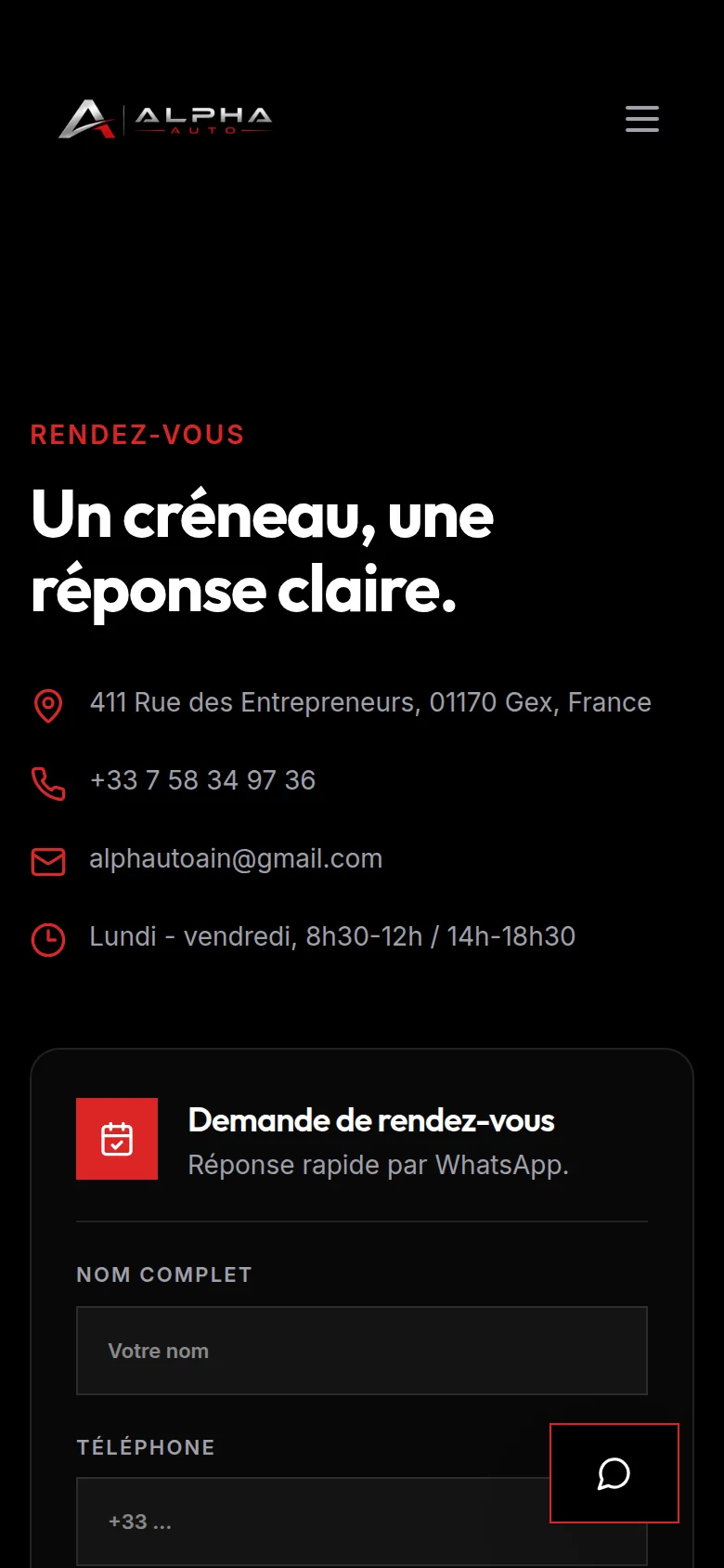 Site Alpha Auto sur téléphone : formulaire de demande de rendez-vous avec réponse par WhatsApp